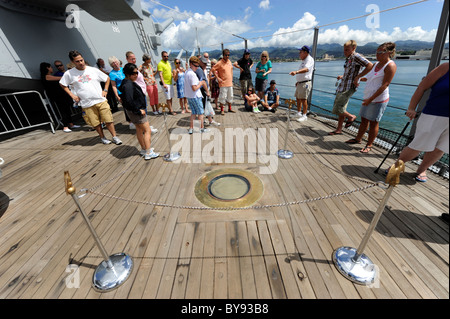 Visitors View Japanese Surrender Location USS Missouri Memorial Pearl Harbor Pacific National Monument Hawaii Ford Field  Stock Photo