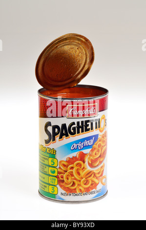 Open can of Spaghetti-O's on white background, cutout. Stock Photo