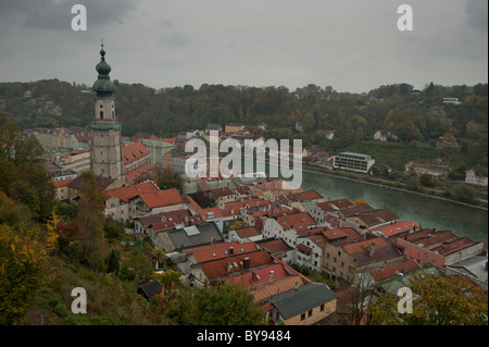 The town of Burghausen, seen from the Burghausen Castle, Bavaria, Germany, Europe Stock Photo