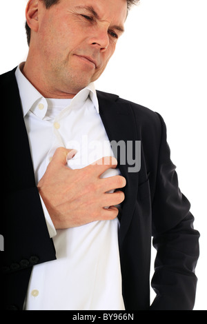 Attractive middle-aged man suffering from heart attack. All on white background. Stock Photo