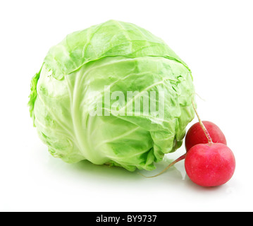 Ripe Cabbage and Radishes Isolated on White Stock Photo