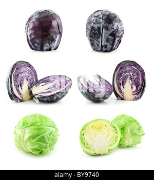 Set of Ripe Green and Blue Cabbage Isolated on White Stock Photo