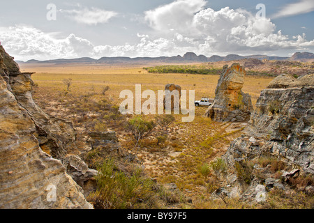 View of a Land Rover parked on the plains of Isalo National Park in southern Madagascar. Stock Photo