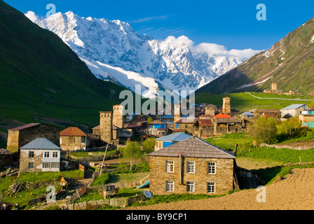 Village of Ushguli, UNESCO World Heritage Site, in front of Shkara Mountain, Svaneti, Caucasus, Georgia, Middle East Stock Photo