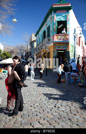 Tango dancers at El Caminito in La Boca, a working class suburb of Buenos Aires, Argentina famed for tango and futbol. Stock Photo