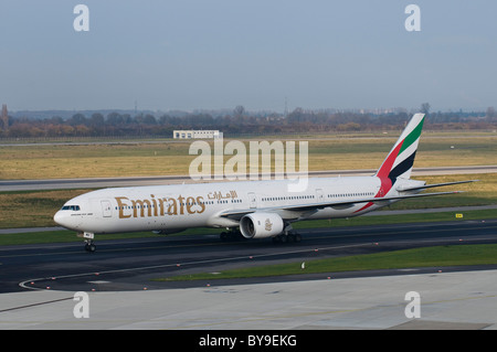 Emirates Boeing 777-300 on the runway, Dusseldorf International Airport, North Rhine-Westphalia, Germany, Europe Stock Photo