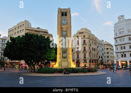 Illuminated Place de l'Etoile, clocktower in the historic center of Beirut, Beyrouth, Lebanon, Middle East, West Asia Stock Photo