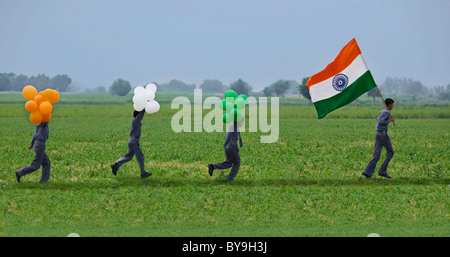 School boys with the Indian Flag and balloons Stock Photo