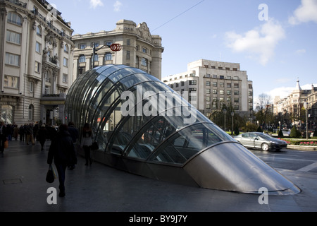 Spain basque Country Bilbao metro entrance designed by Sir Norman Foster and known in the city as a Fosterito. Stock Photo