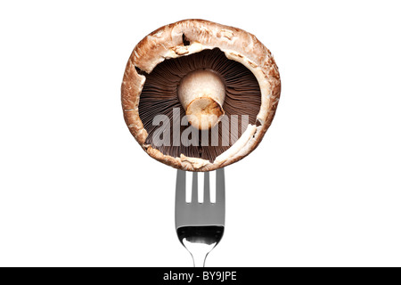 Photo of a portobello mushroom on a fork isolated on a white background, part of a series. Stock Photo