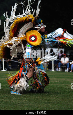 A Native American fancy dancer whirls during the dance competition at the Cherokee Pow Wow in Cherokee, North Carolina Stock Photo