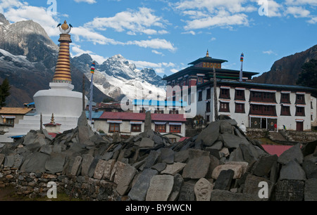 monks in front of the Tengboche Monastery in the Everest Region of Nepal Stock Photo