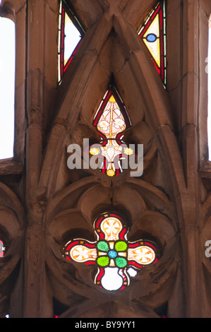 Close up detail of the ruins of the old Coventry Cathedral with remaining stained glass windows. West Midlands, England. Stock Photo