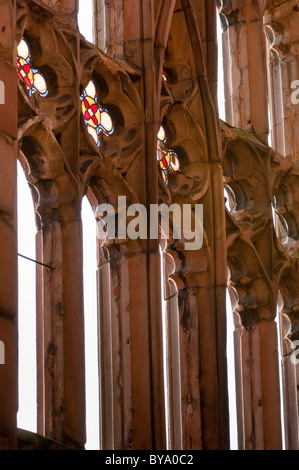 The ruins of the old Coventry Cathedral with remaining stained glass windows. West Midlands, England. Stock Photo