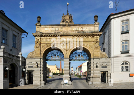 Historic gate, Pilsner Urquell brewery, Pilsen, Bohemia, Czech Republic, Europe Stock Photo