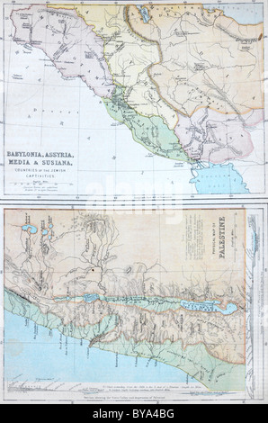 Two Maps In An Old Bible One Showing Babylonia, Assyria, Media And Susiana Countries Of The Jewish Captivities Stock Photo