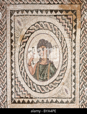 Roman Ktisis Mosaic in the House of Eustolios, archaeological excavation site of ancient Kourion, Akrotiri peninsula Stock Photo