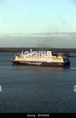 Irish Ferries passenger ship oscar Wilde departing from Pembroke Dock, as seen from Angle, Pembrokeshire Stock Photo