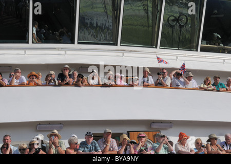 Passengers aboard Cunard's Queen Elizabeth watched as the ship transited the Panama Canal for the first time on Jan. 22, 2011. Stock Photo