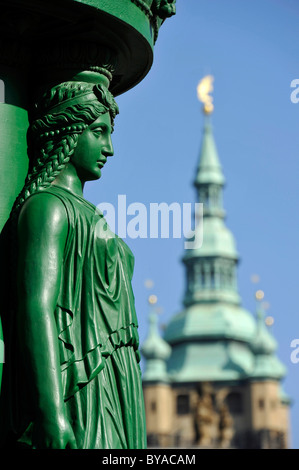 Art Nouveau female figure, cast-iron lamppost, Hradcany Square, Saint Vitus' Cathedral, Prague, Bohemia, Czech Republic, Europe Stock Photo