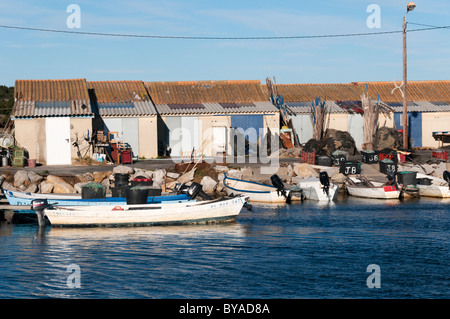 Fishermen's cabins (Cabanes de pecheurs) on the shore of the Etang de l'Ayrolle south of Narbonne in southern France. Stock Photo