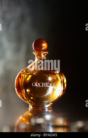 Perfume bottle on a mirrored surface, silver-coloured Stock Photo
