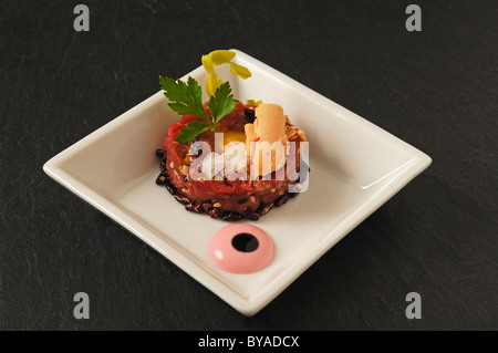 Tartare of raw beef with Foie Gras, Maldon sea salt and popcorn, food, haute cuisine Stock Photo