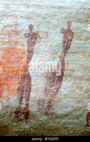 Representation of two elongated figures, rock painting of the San ethnic group, Sevilla Rock Art Trail, Bushmans Kloof Stock Photo