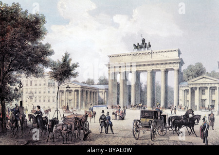 View of Berlin, Brandenburg Gate, about 1850, historic cityscape, steel engraving created in the 19th century, Germany, Europe Stock Photo