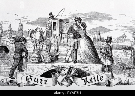 Historical vignette with a family taking leave and a coach, motto Gute Reise, German for Bon Voyage, steel engraving from the Stock Photo