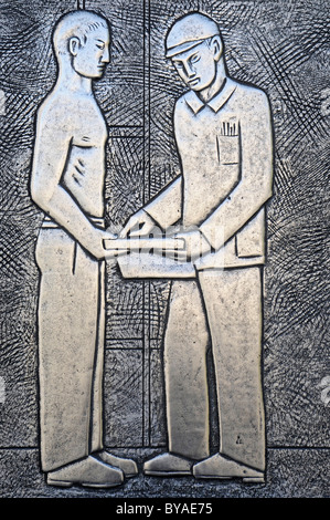 Workers, papers, handing over, planning, illustration, relief, portal, entrance, Hochtief construction company Stock Photo