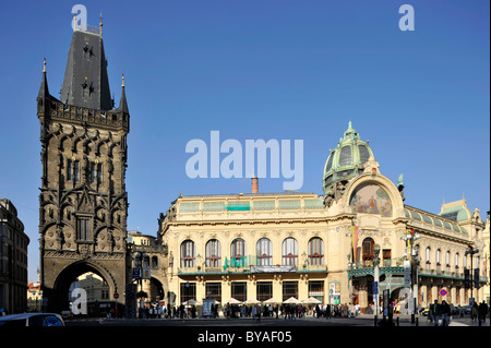 Powder Gate, art nouveau style Prague Municipal House, Republic Square, Prague, Bohemia, Czech Republic, Europe Stock Photo