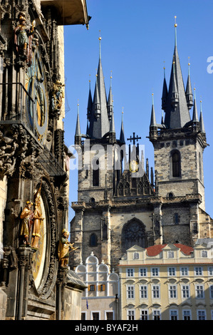 Prague Astronomical Clock on the clock tower of the Old Town City Hall, Tyn Church, Old Town Square, historic district, Prague Stock Photo