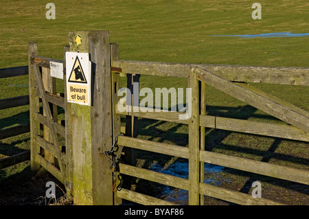 Beware of the bull sign on wooden farm gate North Yorkshire England UK United Kingdom GB Great Britain Stock Photo