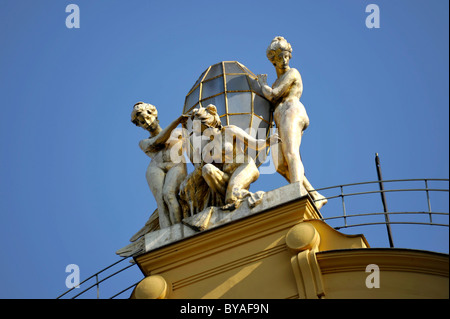 Art Nouveau statues on the gable of the Grand Hotel Europa, Wenceslas Square, Prague, Bohemia, Czech Republic, Europe Stock Photo