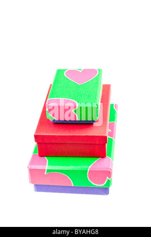 three gift boxes painted valentine's day style isolated on white background Stock Photo
