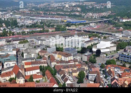 View from Ulm Minster over the theater, Ludwig Erhard Bridge, towards IKEA and the residential district of Eselsberg, Ulm Stock Photo