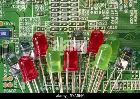 Colored LED's laying on a printed circuit board Stock Photo