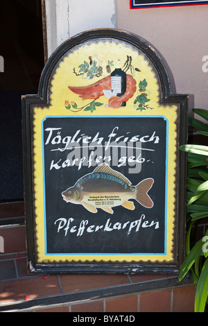 Menu board offering fresh carp, Germany Stock Photo