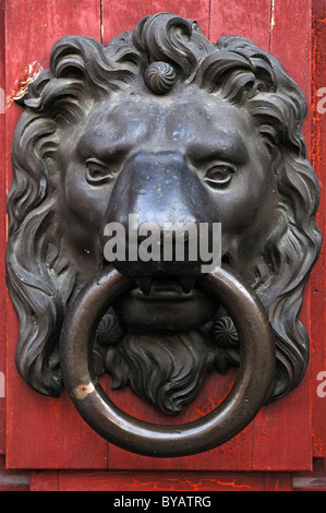 Lion head door knocker on the entrance portal of the armory, Zeugplatz 4, Augsburg, Bavaria, Germany, Europe Stock Photo