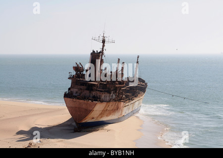 Stranded cargo boat on the shore of Cap Blanc, Nouadhibou, Mauritania, northwestern Africa Stock Photo