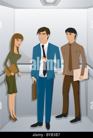 Three people in a elevator Stock Photo