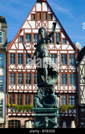 Silhouette, Justitia statue, old Roman goddess of justice, Roemerberg square, Frankfurt, Hessen, Germany, Europe Stock Photo