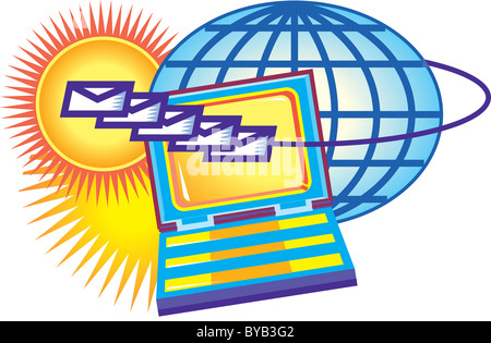 A globe with mail going from a laptop computer Stock Photo