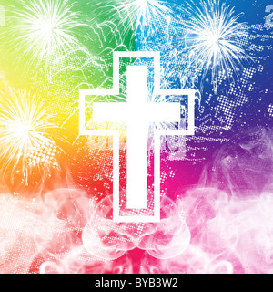 Cross with colorful background distressed with white. Stock Photo