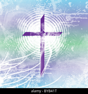 Purple christian cross with white radiation, smoke and distressed, blue and green. Stock Photo