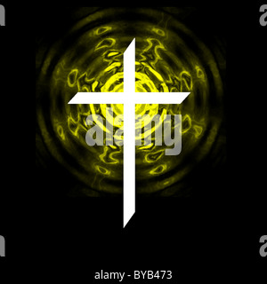 White cross on black background with yellow radiating. Stock Photo