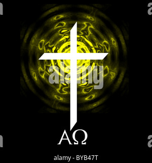 White cross on black background with yellow radiating and alpha omega symbols. Stock Photo