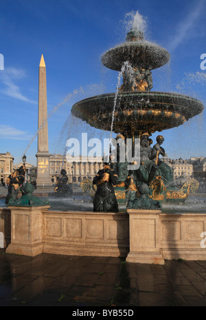 Place de la Concorde with its fountains and Egyptian Obelisk, Paris, France, Europe Stock Photo