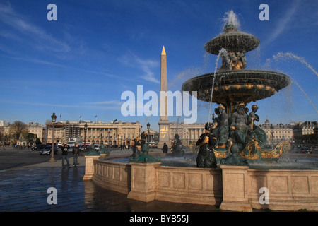 Place de la Concorde with its fountains and Egyptian Obelisk, Paris, France, Europe Stock Photo